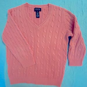 Ladies Small v-neck sweater, cable knit, 3/4 sleeve, Jones New York, coral